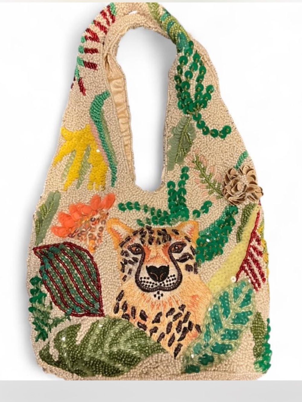 Hand-Beaded Leopard Floral Tote Bag in Cream and Green
